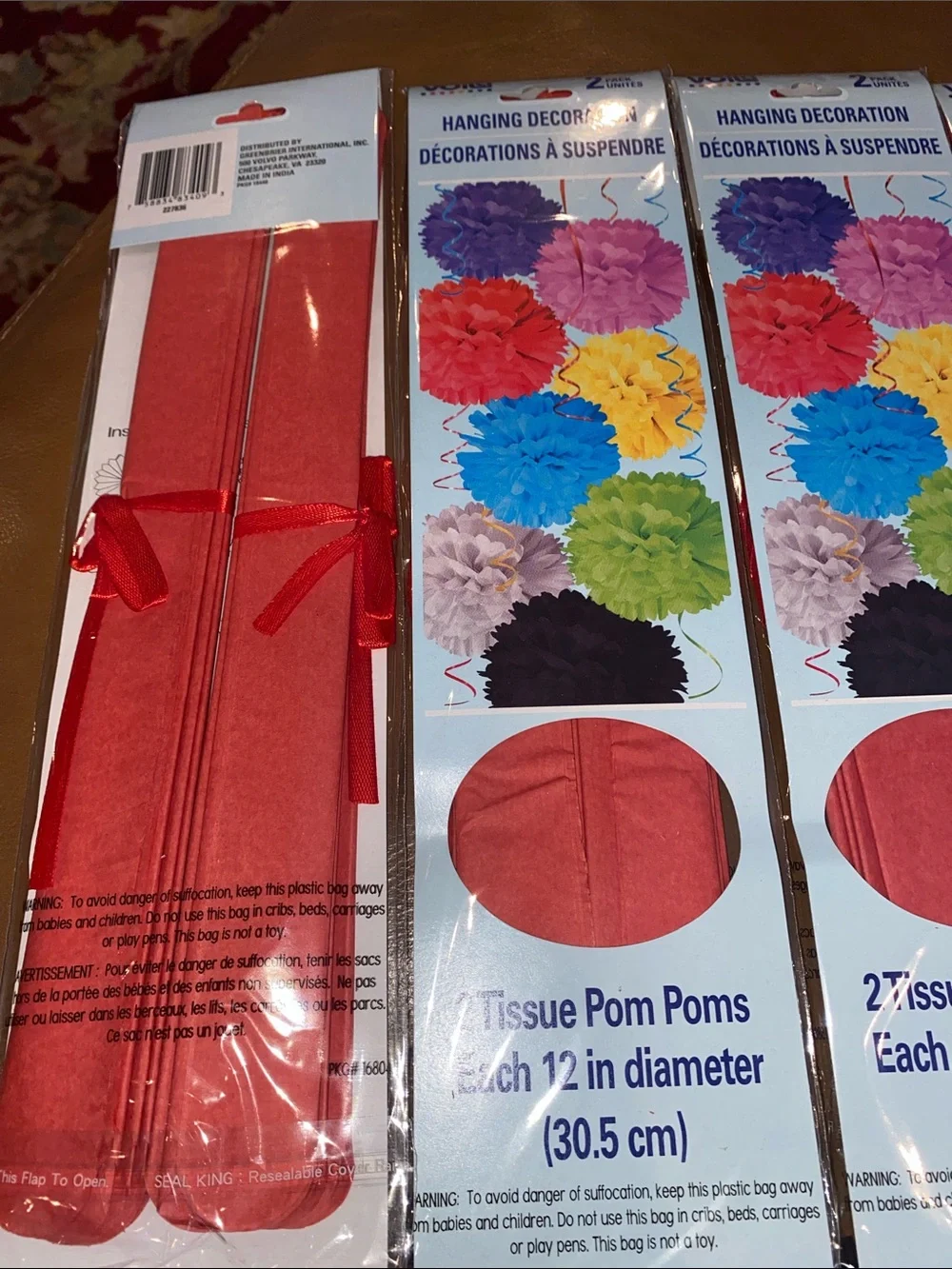 Red Tissue Pom Poms 12 inch Diameter Lot of 6 packs of 2 Pom Poms New